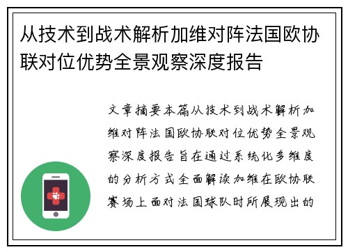 从技术到战术解析加维对阵法国欧协联对位优势全景观察深度报告