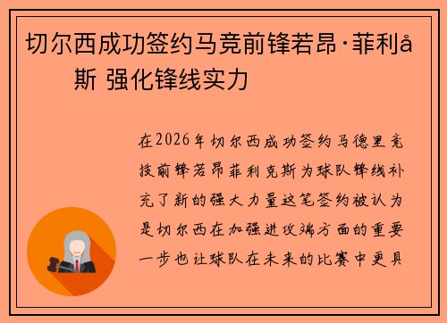 切尔西成功签约马竞前锋若昂·菲利克斯 强化锋线实力