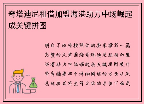 奇塔迪尼租借加盟海港助力中场崛起成关键拼图